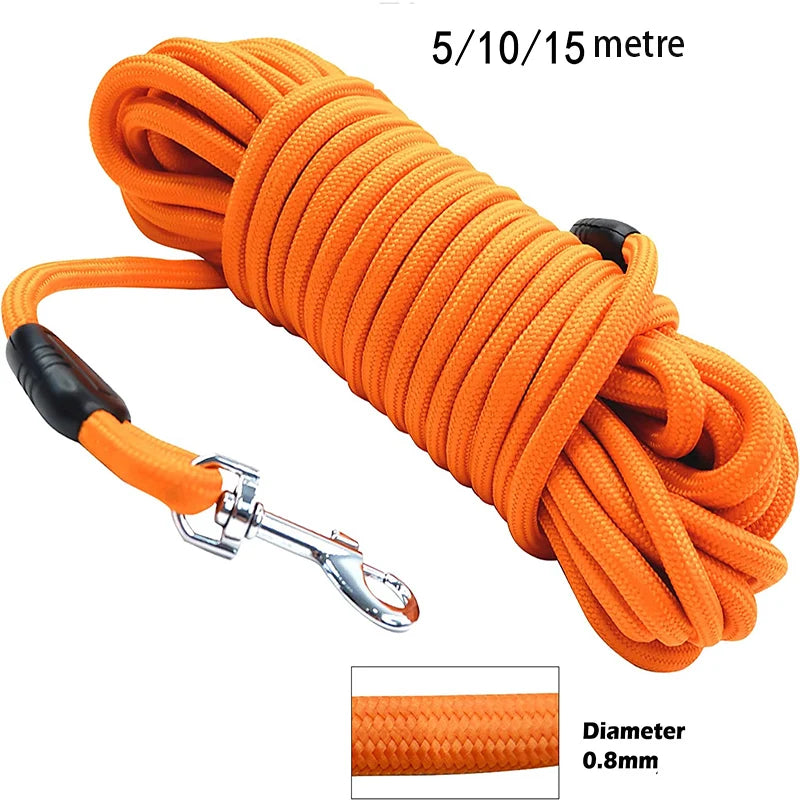 Long dog training leash coiled, available in 16, 33 and 49 foot lengths
