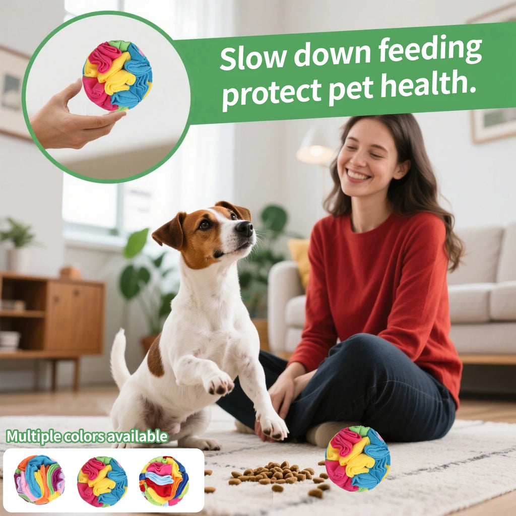 Woman using a snuffle ball with a terrier indoors to slow down feeding
