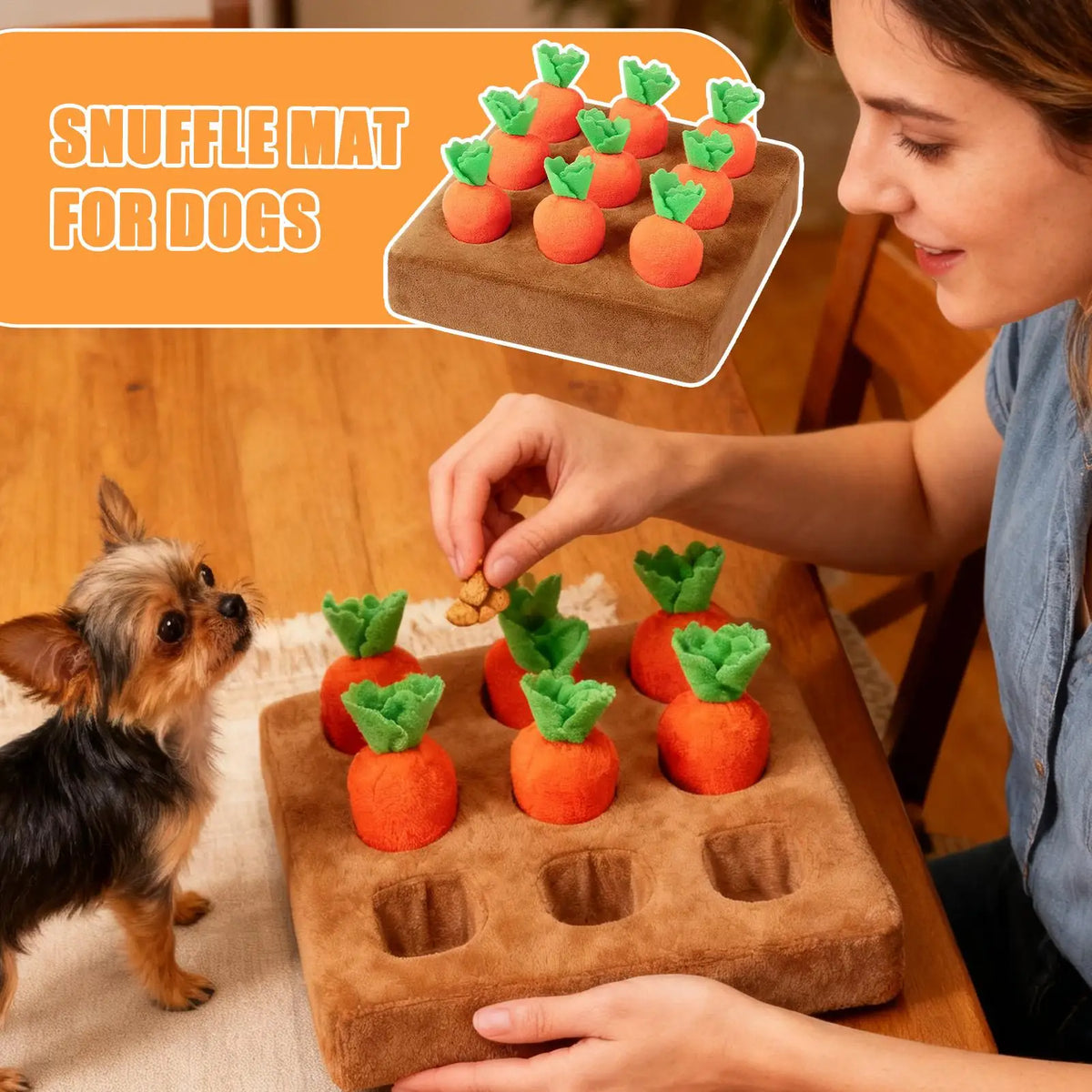 Carrot snuffle mat for dogs with a small dog sniffing out treats