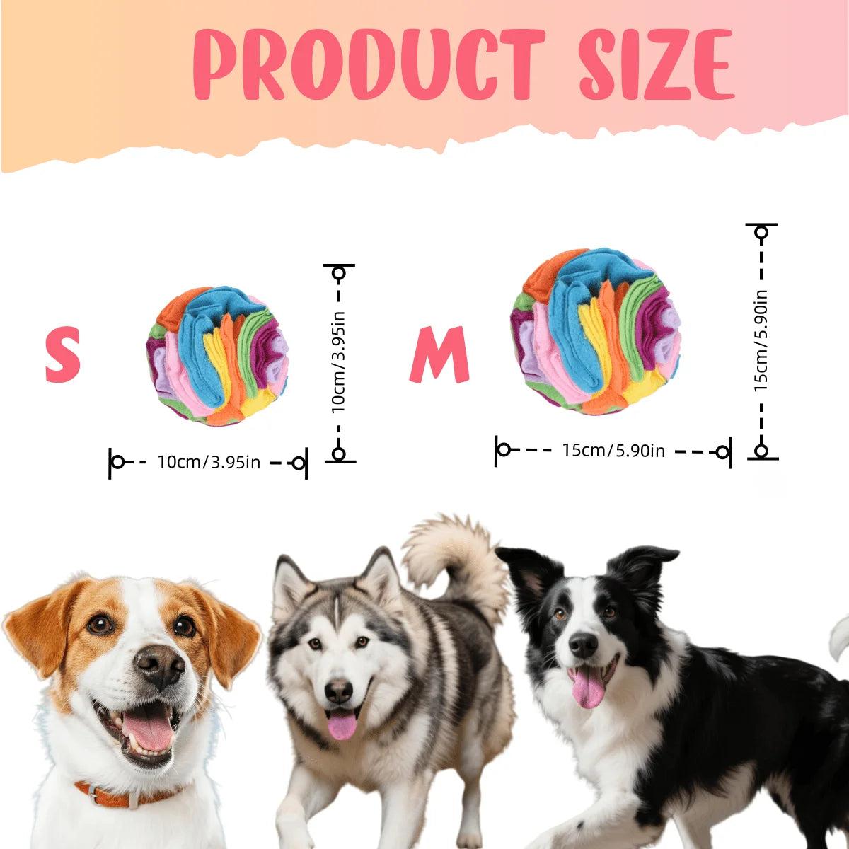 Snuffle ball size chart: small 4 inch and medium 6 inch
