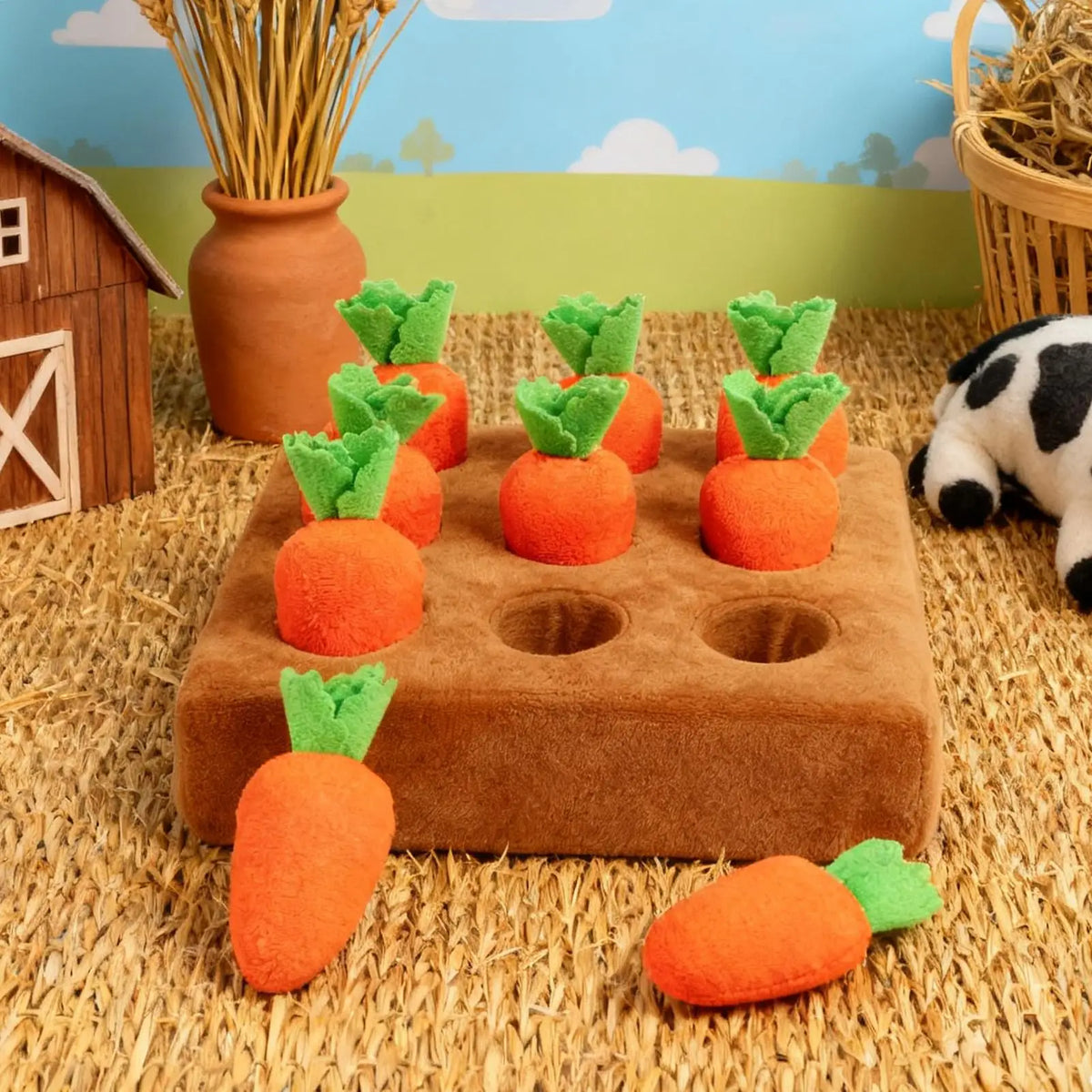 Carrot snuffle mat on a woven rug with carrots pulled out