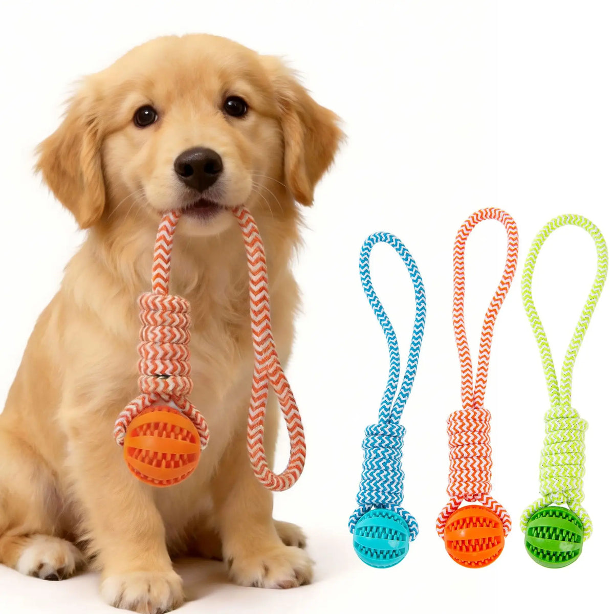 Cotton rope tug toy with treat-dispensing rubber ball