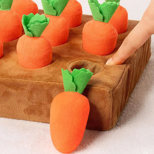 Hand pulling a plush carrot out of the snuffle mat pocket