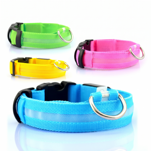 LED light up dog collars in green, pink, yellow and blue on a white background