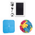 New Puppy Starter Bundle: clean-touch paw print kit, blue silicone lick mat and rainbow fleece snuffle ball on a white background